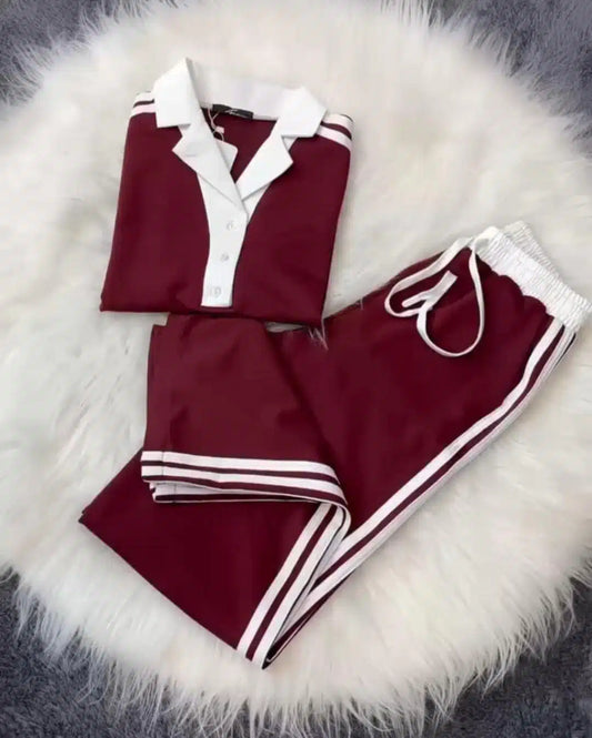 Contrast Collar Style Western 2-Pcs Summer Dry-Fit Tracksuit For Her.