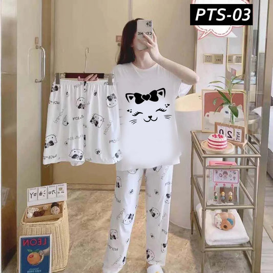 Kitty Printed 3-Pcs Summer Lounge & Night Wear Suit. PTS-03