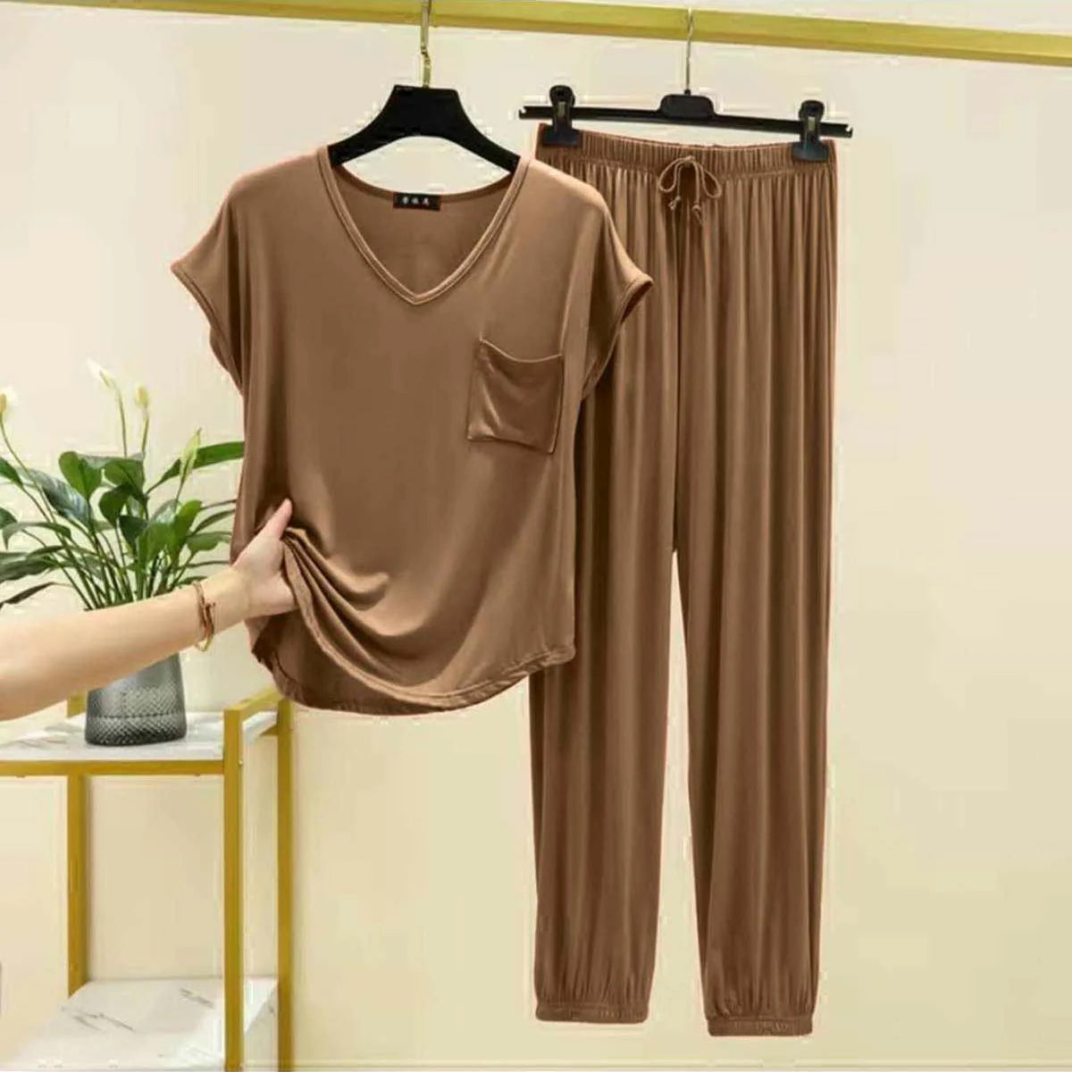 Cap-Sleeve Pocket-Style 2-Pcs Lounge And Night Wear Suit. WLW-13