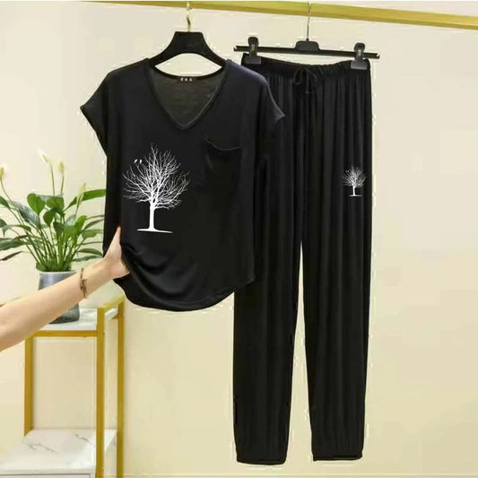 Cap-Sleeve Pocket-Style Big-Printed 2-Pcs Lounge And Night Wear Suit. WLW-13