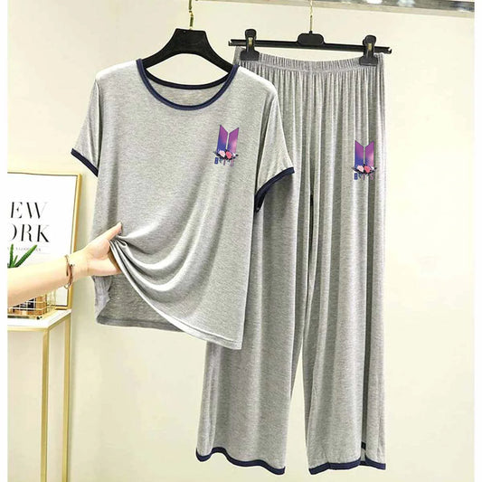 Contrast Tape-Style Logo-Printed 2-Pcs Lounge And Night Wear Suit. WLW-07