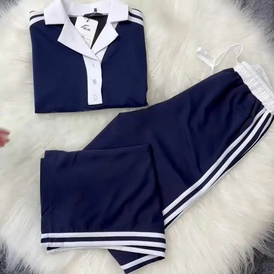 Blue Contrast Collar Style Western 2-Pcs Summer Dry-Fit Tracksuit For Her. WSTS-01