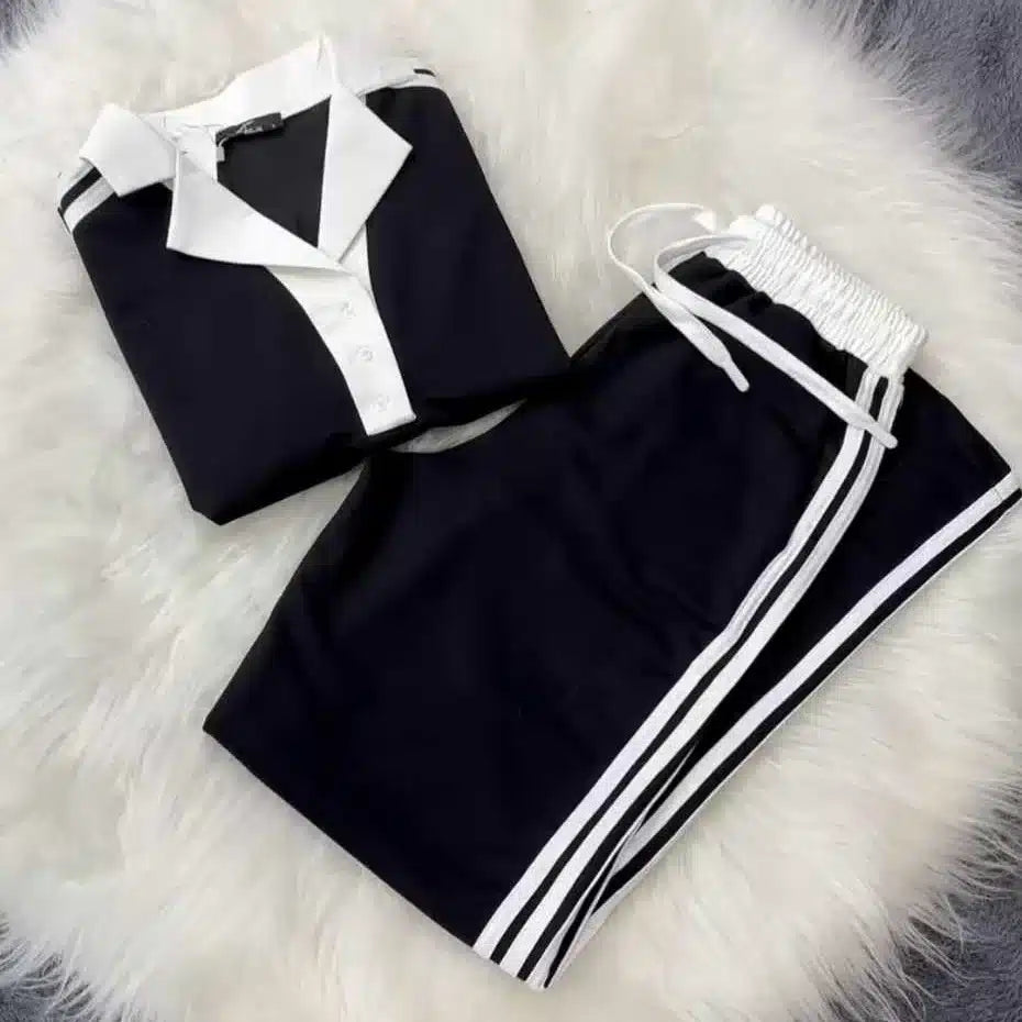 Black Contrast Collar Style Western 2-Pcs Summer Dry-Fit Tracksuit For Her. WSTS-01