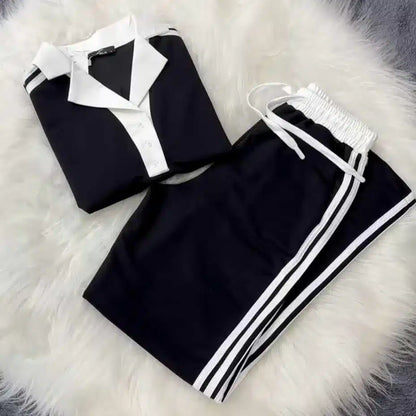 Black Contrast Collar Style Western 2-Pcs Summer Dry-Fit Tracksuit For Her. WSTS-01