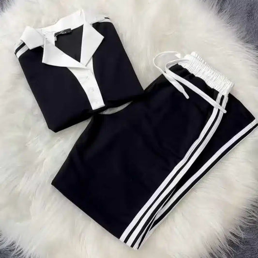 Black Contrast Collar Style Western 2-Pcs Summer Dry-Fit Tracksuit For Her. WSTS-01