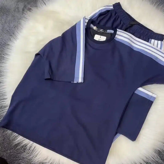 Blue Drop-Shoulder Stripe Style 2-Pcs Summer Dry-Fit Tracksuit For Her. WSTS-04