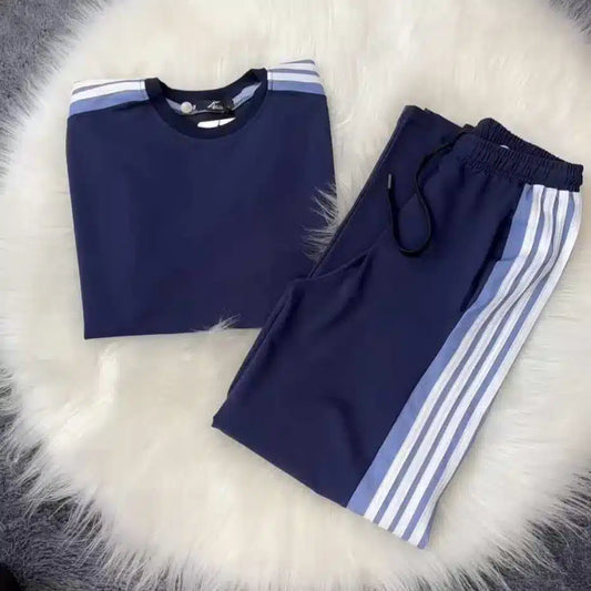 Blue Drop-Shoulder Stripe Style 2-Pcs Summer Dry-Fit Tracksuit For Her. WSTS-04