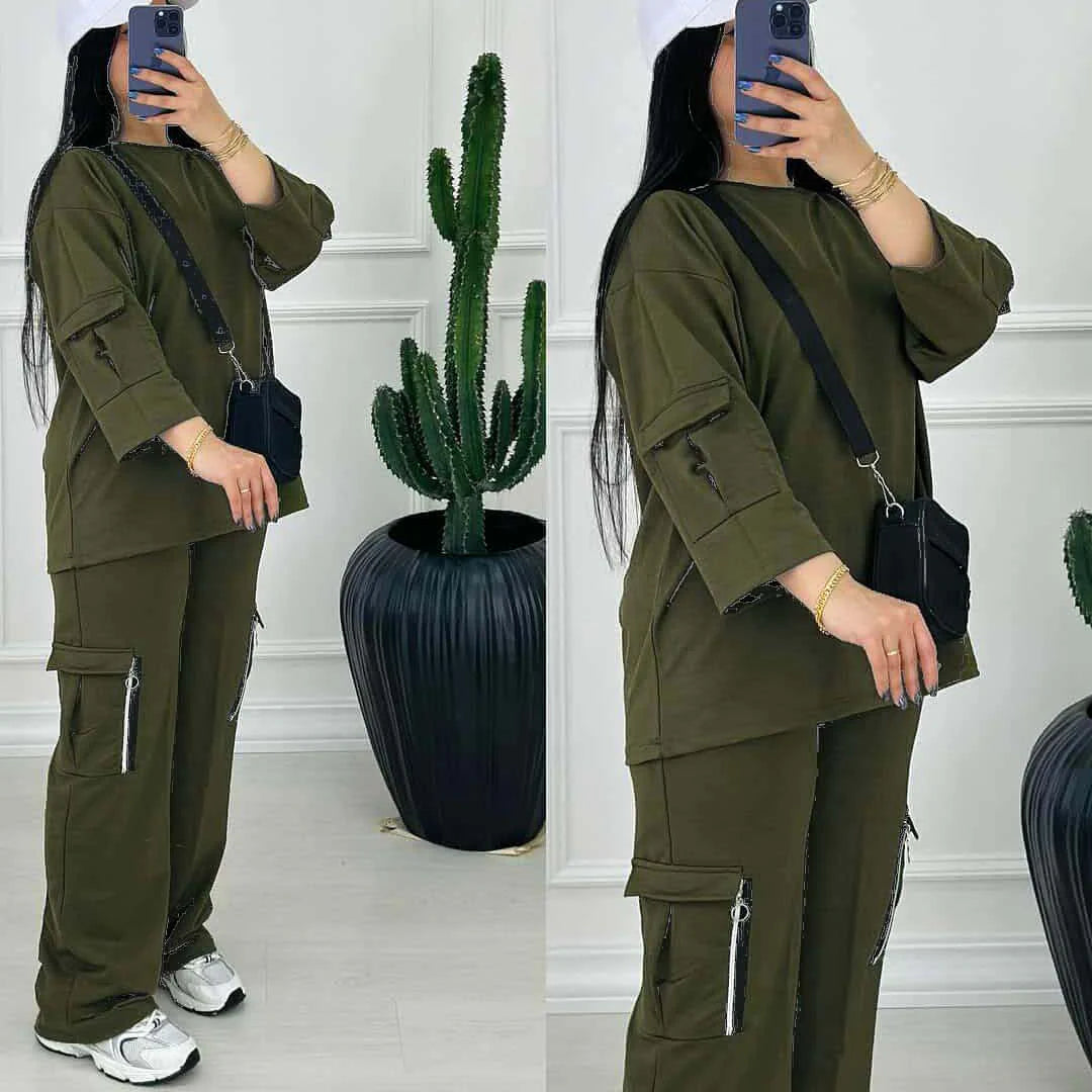 Comfort Drop-Shoulder 6-Pocket Cargo Zipper Style Western 2-Pcs Summer Tracksuit For Her. WSTS-06