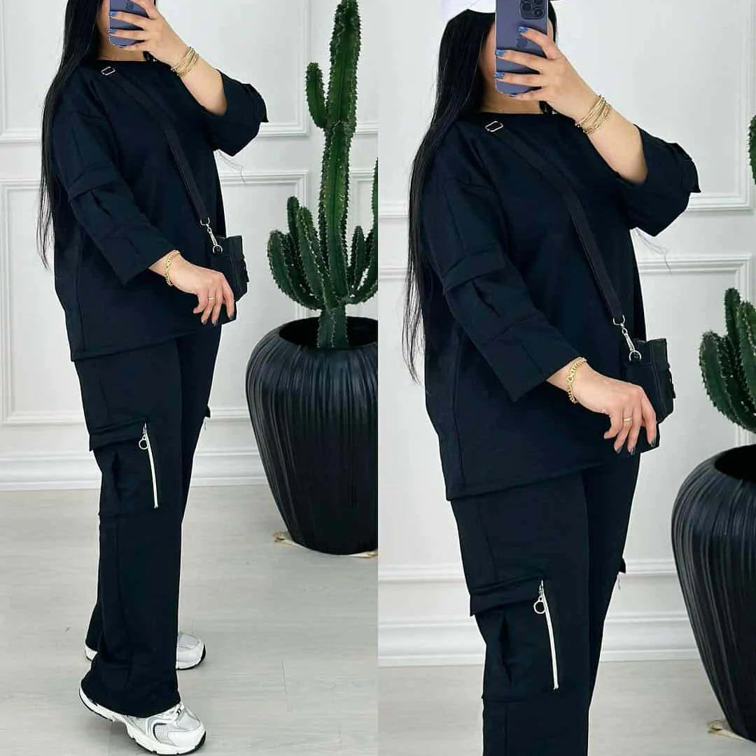 Comfort Drop-Shoulder 6-Pocket Cargo Zipper Style Western 2-Pcs Summer Tracksuit For Her. WSTS-06
