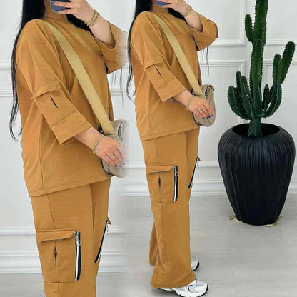 Comfort Drop-Shoulder 6-Pocket Cargo Zipper Style Western 2-Pcs Summer Tracksuit For Her. WSTS-06