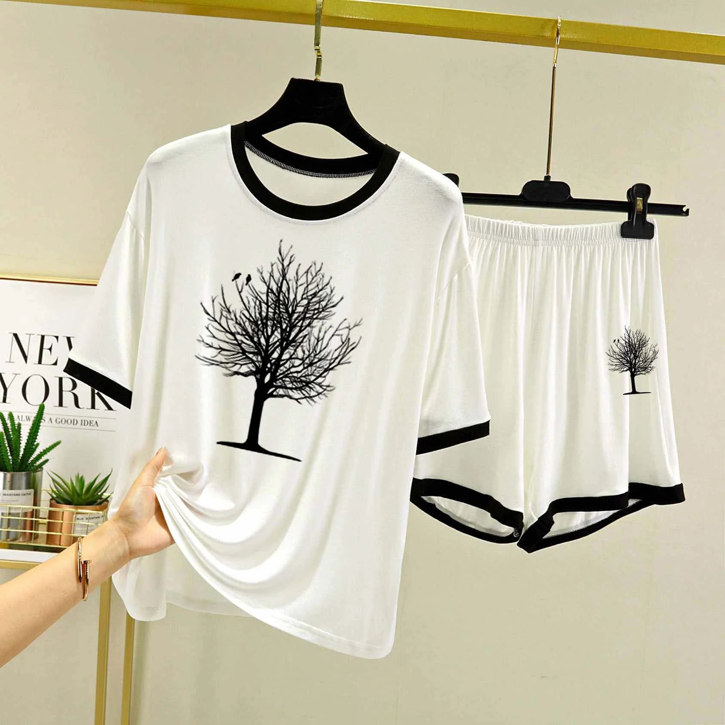 Contrast-Tape Short Style Printed 2-Pcs Summer Launge & Night Wear Suit. WLW-04