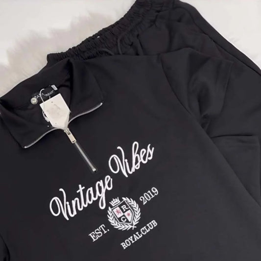 Comfort Vintage-Vibes Collar Zip Style 2-Pcs Summer Tracksuit For Her. WSTS-09